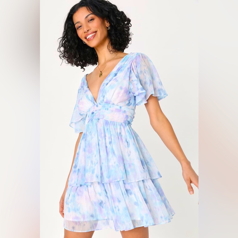 Lulus Sunny Evenings Blue Multi Lurex Flutter Sleeve Mini Dress